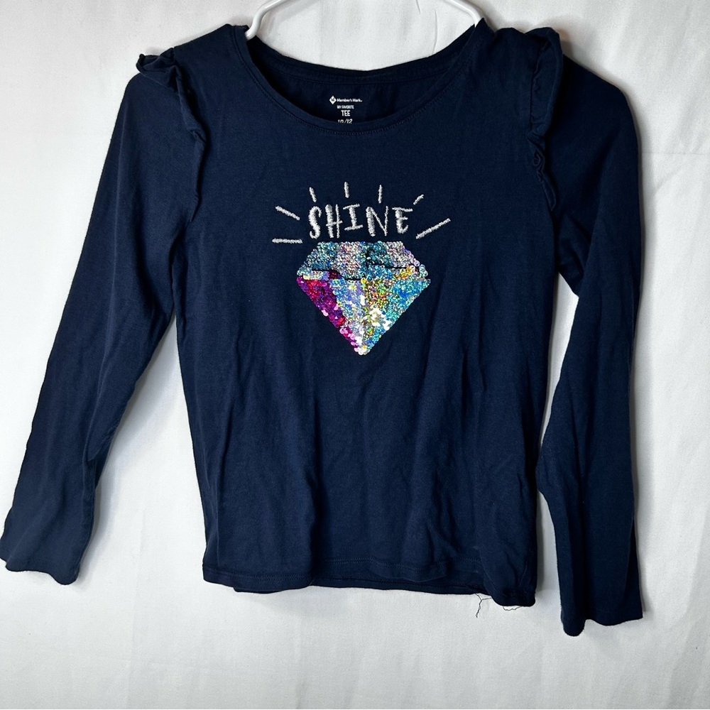 Member’s Mark Girls Kids Navy Sequin Diamond Long Sleeve Tee Size 10/12 Shine